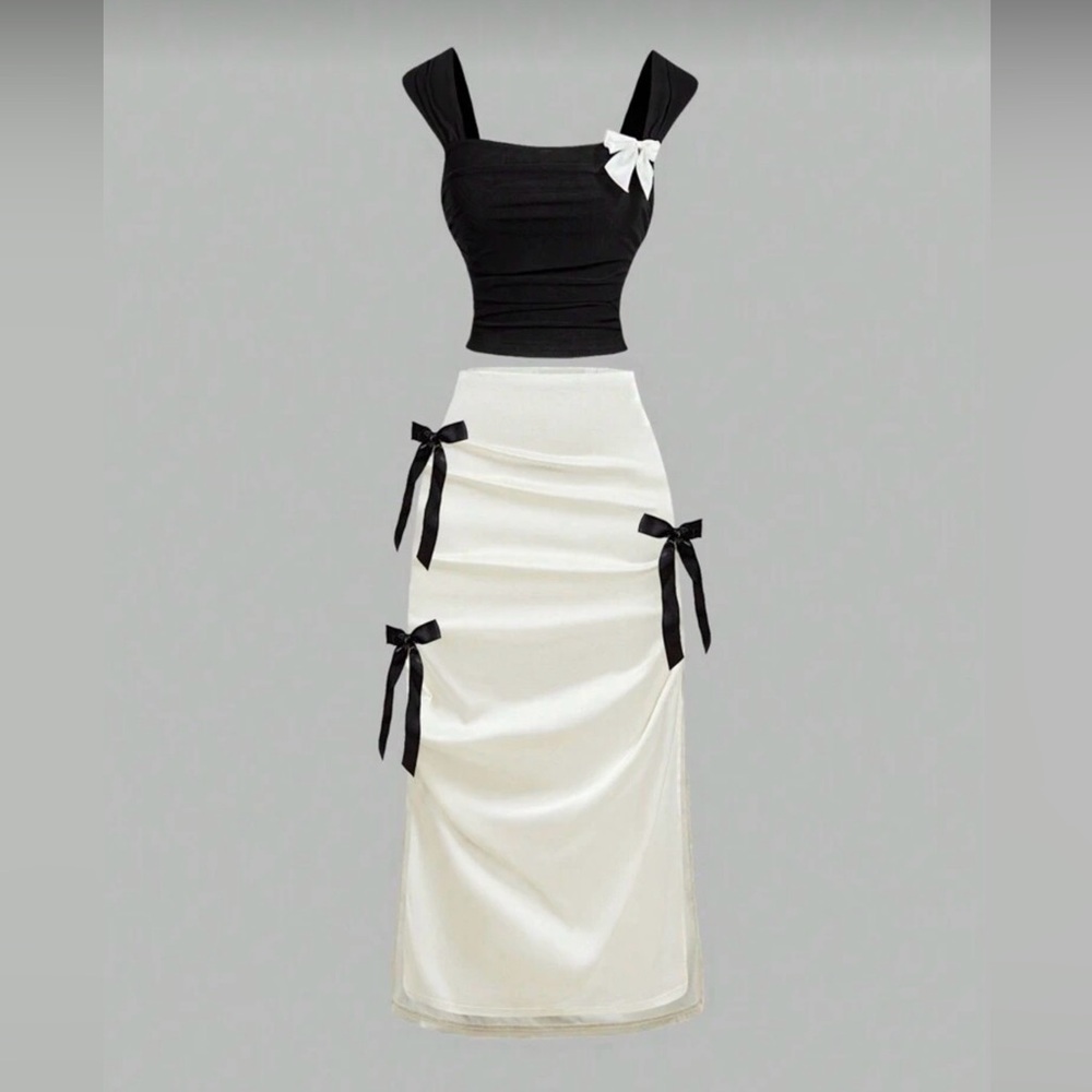SHEIN Black and White Pencil Skirt with Bow Accents